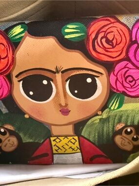 Frida Kahlo with Monkey Wallet Inspired Floral Portrait  - Pink and Green